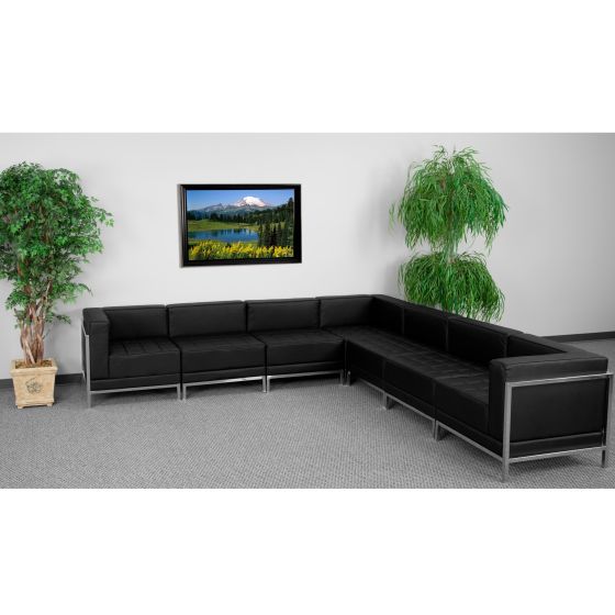 7 Piece Black LeatherSoft Modular Sectional Configuration - Stainless Steel Legs