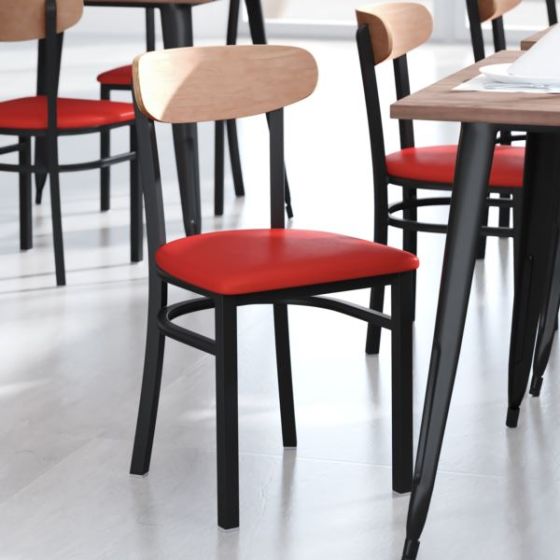 Commercial Metal Dining Chair - Vinyl Seat and Wood Boomerang Back-Red/Natural