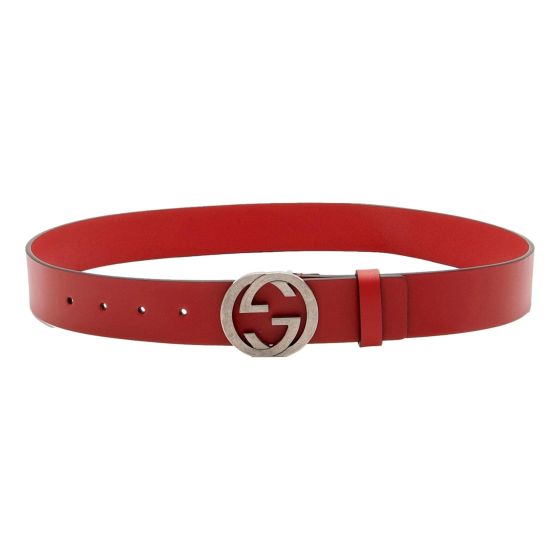 Gucci Interlocking Leather GG Buckle Antiqued Silver Tone Belt Rosso Red 85/34