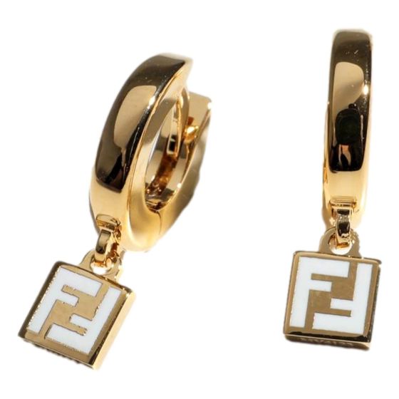 Fendi FF Gold Tone Metal White Enamel Small Hoop Earrings
