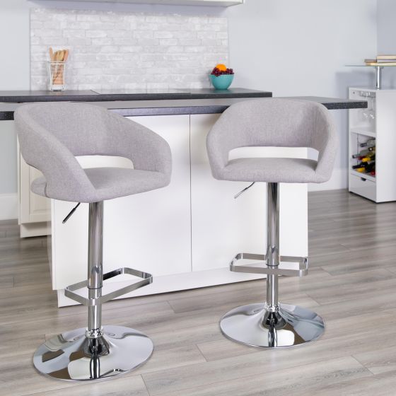 Gray Fabric Adjustable Height Barstool with Rounded Mid-Back and Chrome Base