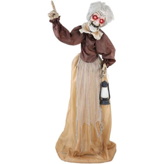 Lifesize Animatronic Old Lady Zombie with Lights and Sound, Indoor/Covered Outdoor Halloween Decorat
