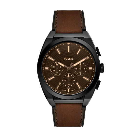 Mens Everett Chronograph Brown Leather Strap Watch Brown Dial