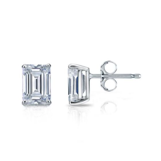 Bright White Pinnacle Emerald Lab Grown Diamond Stud in 14K White Gold 1.30ct,Color-GH,Clarity-VVS