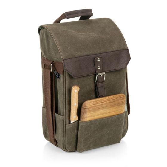 2 Bottle Wine & Cheese Bag - Khaki Green with Brown Accents