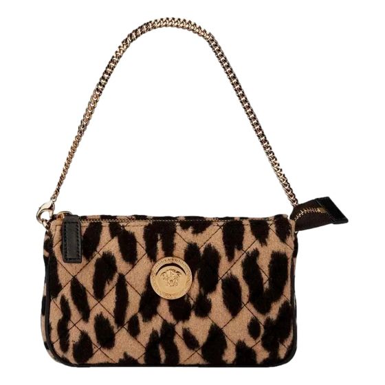 Versace Leopard Print Fur Mini Shoulder Bag Gold Medusa Chain Designer Handbag
