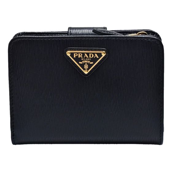 Prada Vitello Move Nero Black Leather Small Wallet with Zipper Gold Triangle Logo