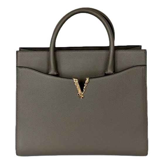 Versace Virtus Medium Top Handle Tote Taupe Grey Calfskin Leather Handbag