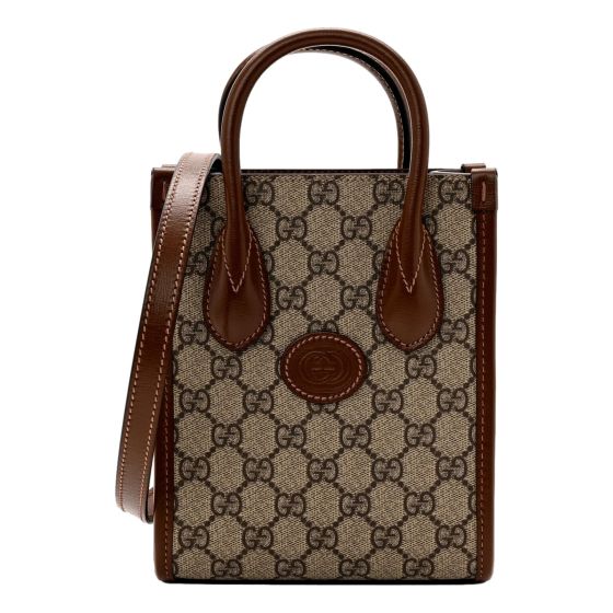 Gucci Interlocking G Leather Emblem Supreme Canvas Brown Leather Mini Shopper Tote