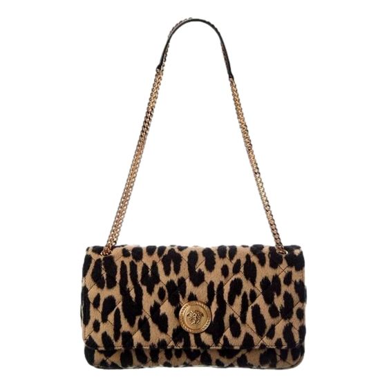 Versace Leopard Print Wool Leather Shoulder Bag Gold Medallion Chain Strap