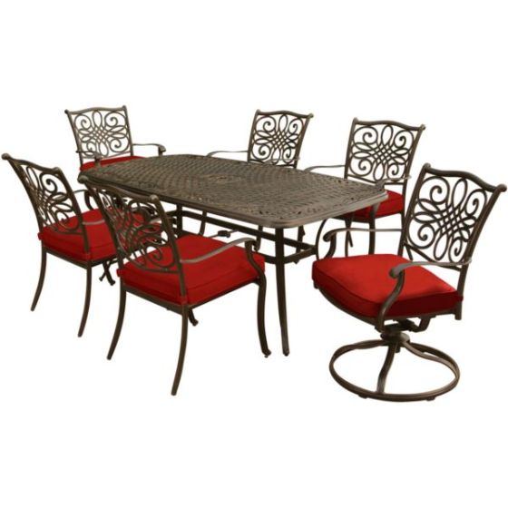 Traditions 7-Piece Dining Set in Red with Two Swivel Rockers, Four Dining Chairs, and a 72 x 38 in.
