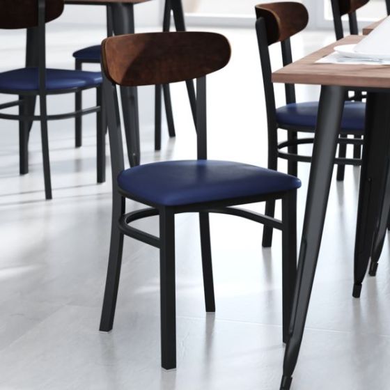 Commercial Metal Dining Chair - Vinyl Seat and Wood Boomerang Back-Blue/Walnut