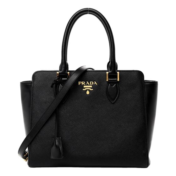 Prada Saffiano and Soft Calfskin Double Zipper Black Tote Shoulder Bag