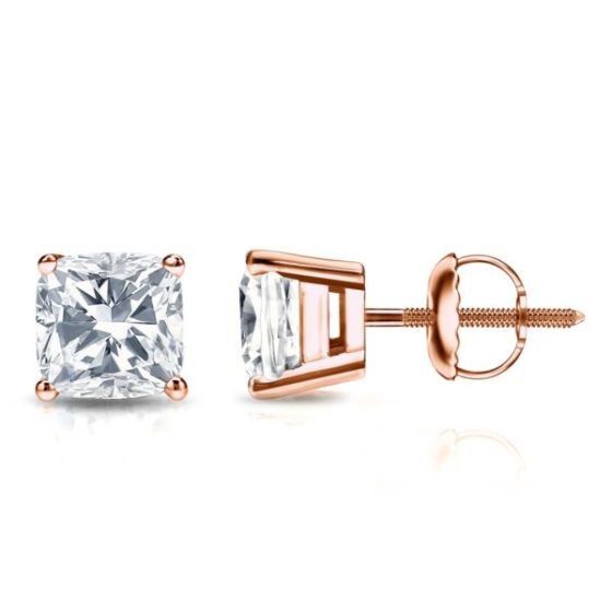 Bright White Pristine Cushion Lab Grown Diamond Screwback Stud in 14K Rose Gold 2.30ct, GH, VS