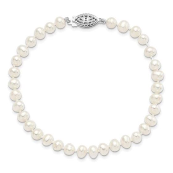 Sterling Silver 5-6mm White Freshwater Cultured Pearl Bracelet