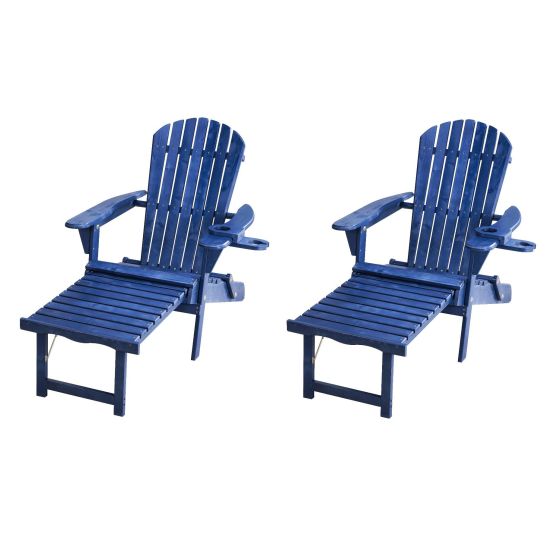 Oceanic Adirondack Chaise Lounge w/Ottoman & Beverage Holder, Set of 2 - Navy Blue