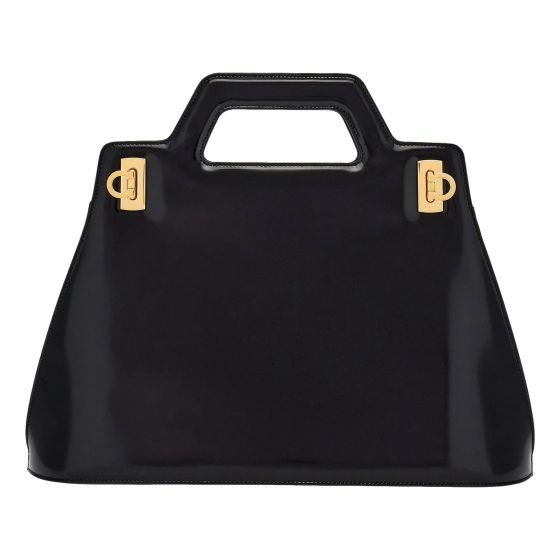 Ferragamo Wanda Black Patent Leather Top Handle Handbag