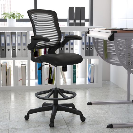 Mid-Back Black Mesh Ergonomic Drafting Chair with Foot Ring and Flip-Up Arms