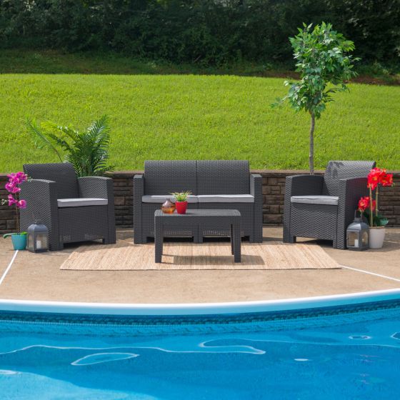Dk Gray Faux Rattan Loveseat with All-Weather Light Gray Cushions - Patio Chair