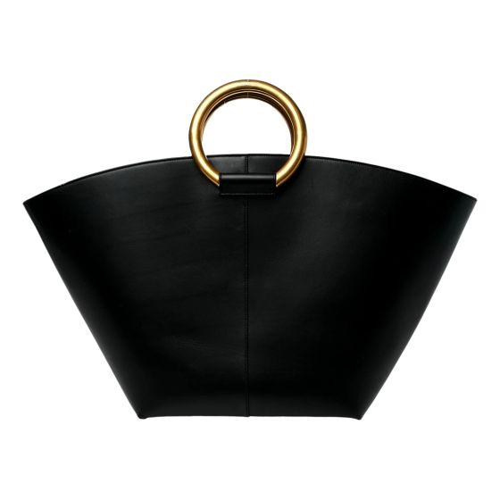 Saint Laurent Maxi Ring Handle Tote in Black Smooth Leather with Gold-Tone Ring Hardware Large