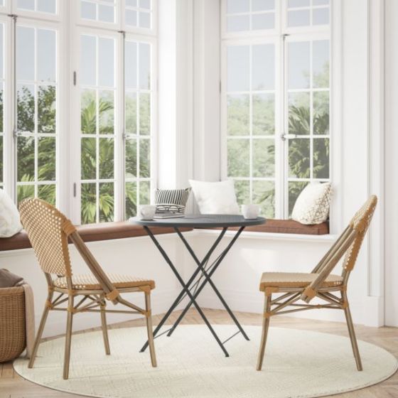2 Pack All-Weather Commercial Paris Chairs with Bamboo Print Frame-Natural/White
