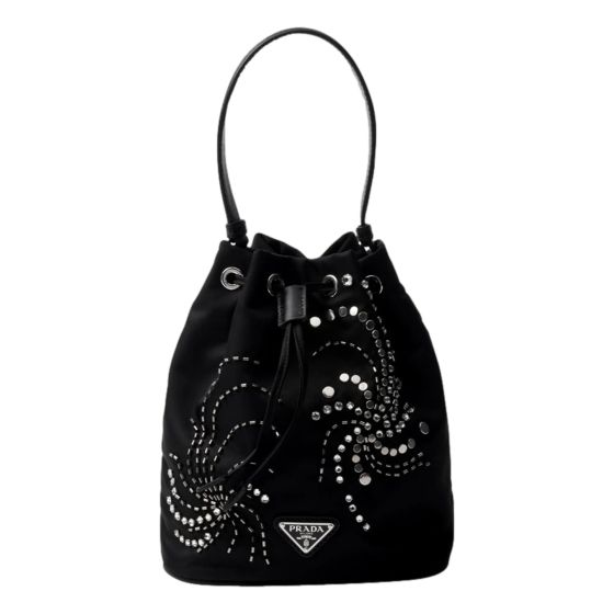 Prada Re-Nylon Mini Drawstring Bucket Bag Black Beaded Embroidered