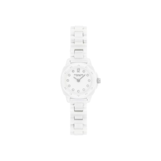 Coach Kitt Ladies. 21mm White Ceramic Case. White Ceramic Bracelet with push bottom buckle. White Dial with crystals markers. Mineral crystal. Quartz movement. Water Resistant to 99 feet.