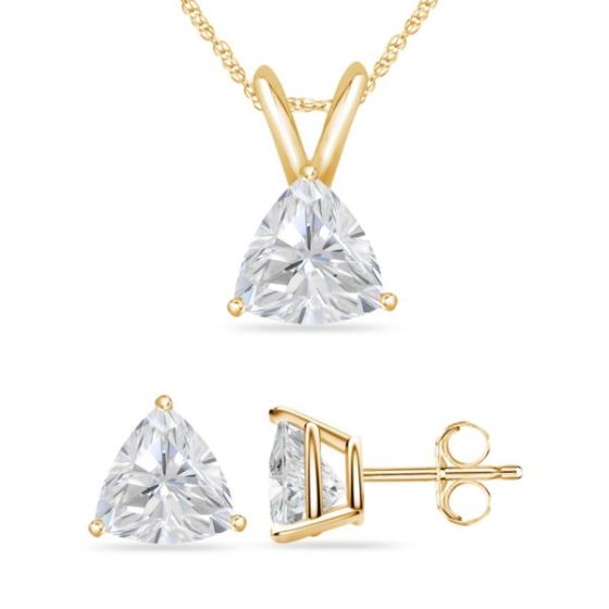 Bright White Pristine Trillion Lab Grown Diamond Pendant-Stud Set, 14K Yellow Gold 0.45ct, GH, VS