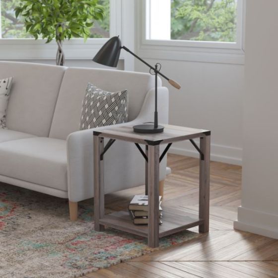 2-Tier Side Table with Black Metal Side Braces and Corner Caps - Gray Wash