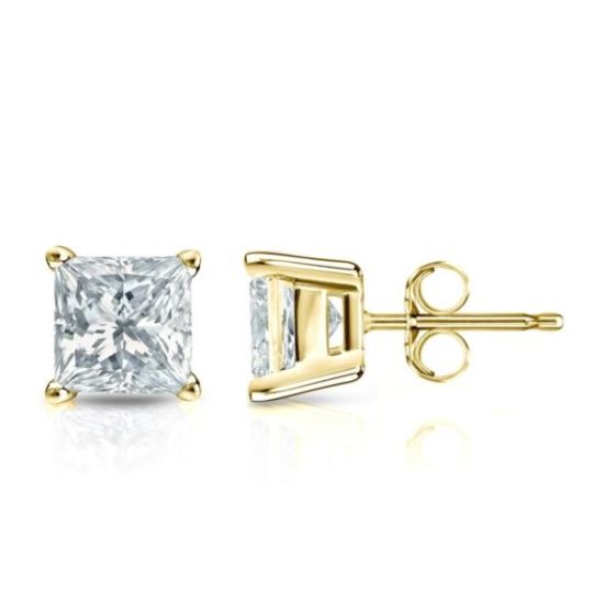 Bright White Pinnacle Princess cut Lab Grown Diamond Stud in 14K Yellow Gold 1.00ct, GH, VVS