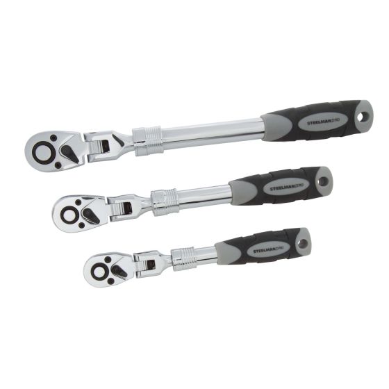3pc 72-Tooth Extendable Flex-head Ratchet Set- 1/4, 3/8, and 1/2-Inch Drives