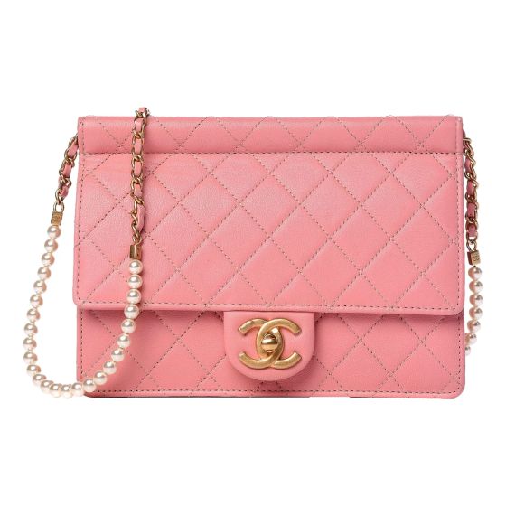 Chanel Pink Quilted Lambksin Pearl Chain Crossbody Handbag