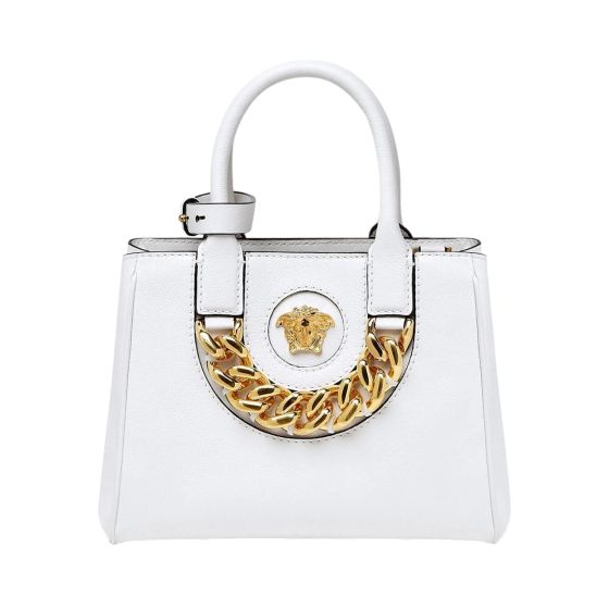 Versace La Medusa White Leather Small Crossbody Tote Bag Gold Plaque Chain