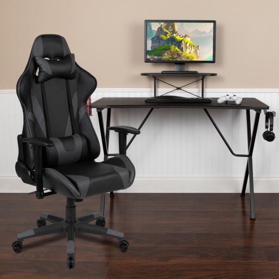 Gaming Bundle-Desk, Cup Holder/Headphone Hook & Gray Reclining Chair