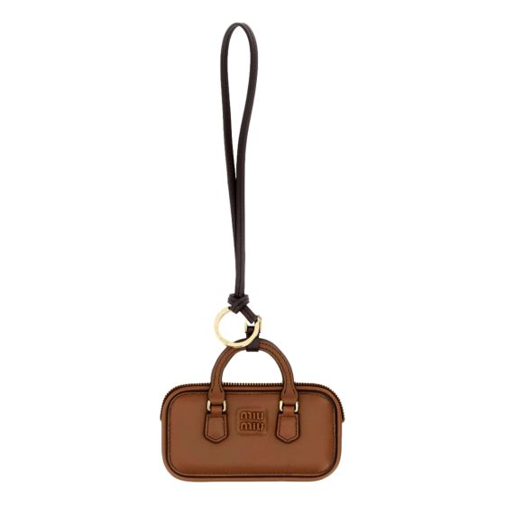 Miu Miu Arcadie Miniature Leather Bag Charm Brown Gold Hardware Zip Closure