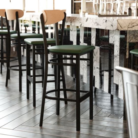 Commercial Metal Barstool with Vinyl Seat and Wood Boomerang Back-Green/Natural
