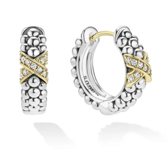Two-Tone Diamond Huggie Earrings Size 5mm x 16mm