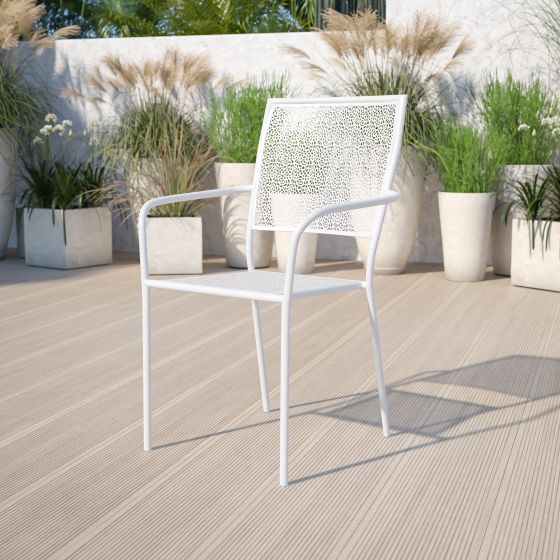 White Indoor-Outdoor Steel Patio Arm Chair with Square Back - Bistro Chair