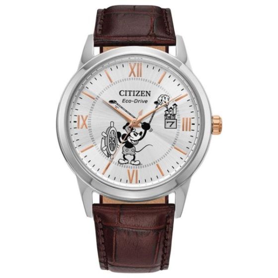 Disney By Citizen Men's Disney Mickey Mouse Silver-Tone Dial Leather Strap Watch