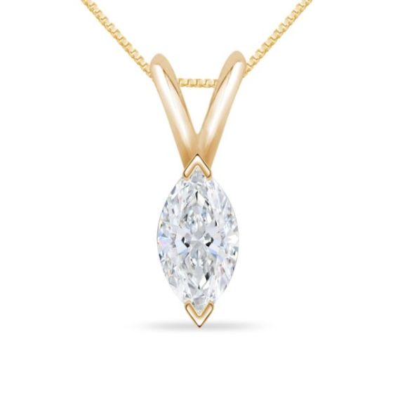 Bright White Pristine Marquise Lab Grown Diamond Pendant with chain in 14K Yellow Gold 0.65ct, GH,VS