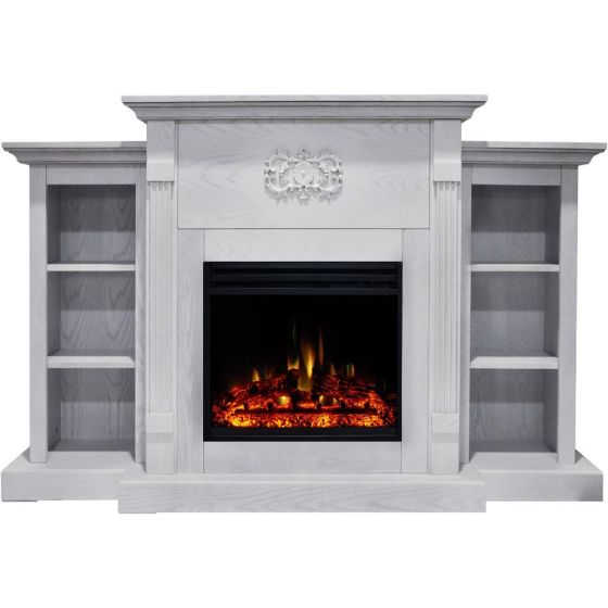 Sanoma Electric Fireplace Heater with 72-In. White Mantel, Bookshelves, Enhanced Multi-Color Log Dis