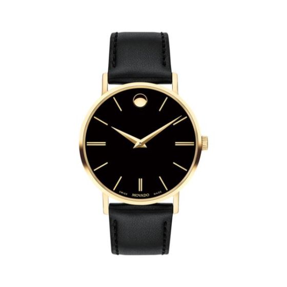 Mens Corporate Exclusive Gold and Black Leather Strap Watch Black Dial