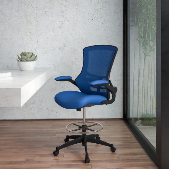 Mid-Back Blue Mesh Ergonomic Drafting Chair with Foot Ring and Flip-Up Arms
