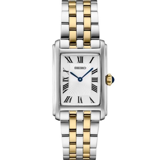 Seiko Essentials TT Quartz White Rectangle Dial, Roman Numerals, Gold/Silver bracelet