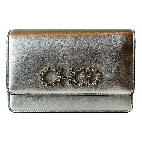 Jimmy Choo Kalina Crossbody Clutch Bag Crystal Logo Metallic Silver
