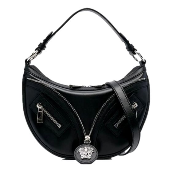 Versace La Medusa Repeat Small Hobo Shoulder Bag Black Calfskin Leather