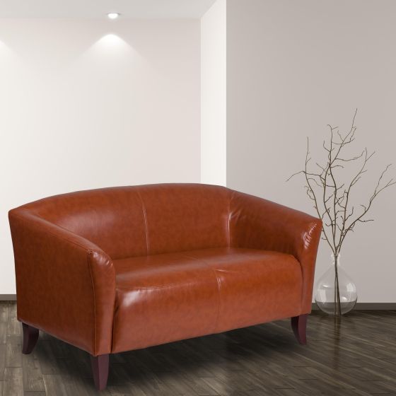 Cognac LeatherSoft Loveseat w/ Cherry Wood Feet - Lobby or Home Office Seating