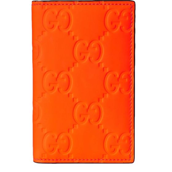 Gucci GG Leather Rubber Effect Neon Orange Folding Wallet Card Holder