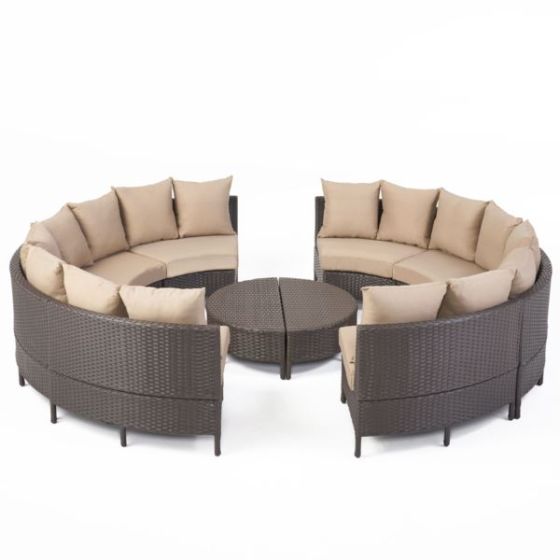 Outdoor 8-Seater Round Wicker Sectional Sofa Set w/Coffee Tables - Brown