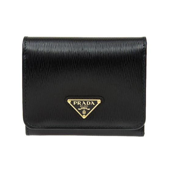 Prada Vitello Move Trifold Compact Wallet Black Leather Triangle Plaque